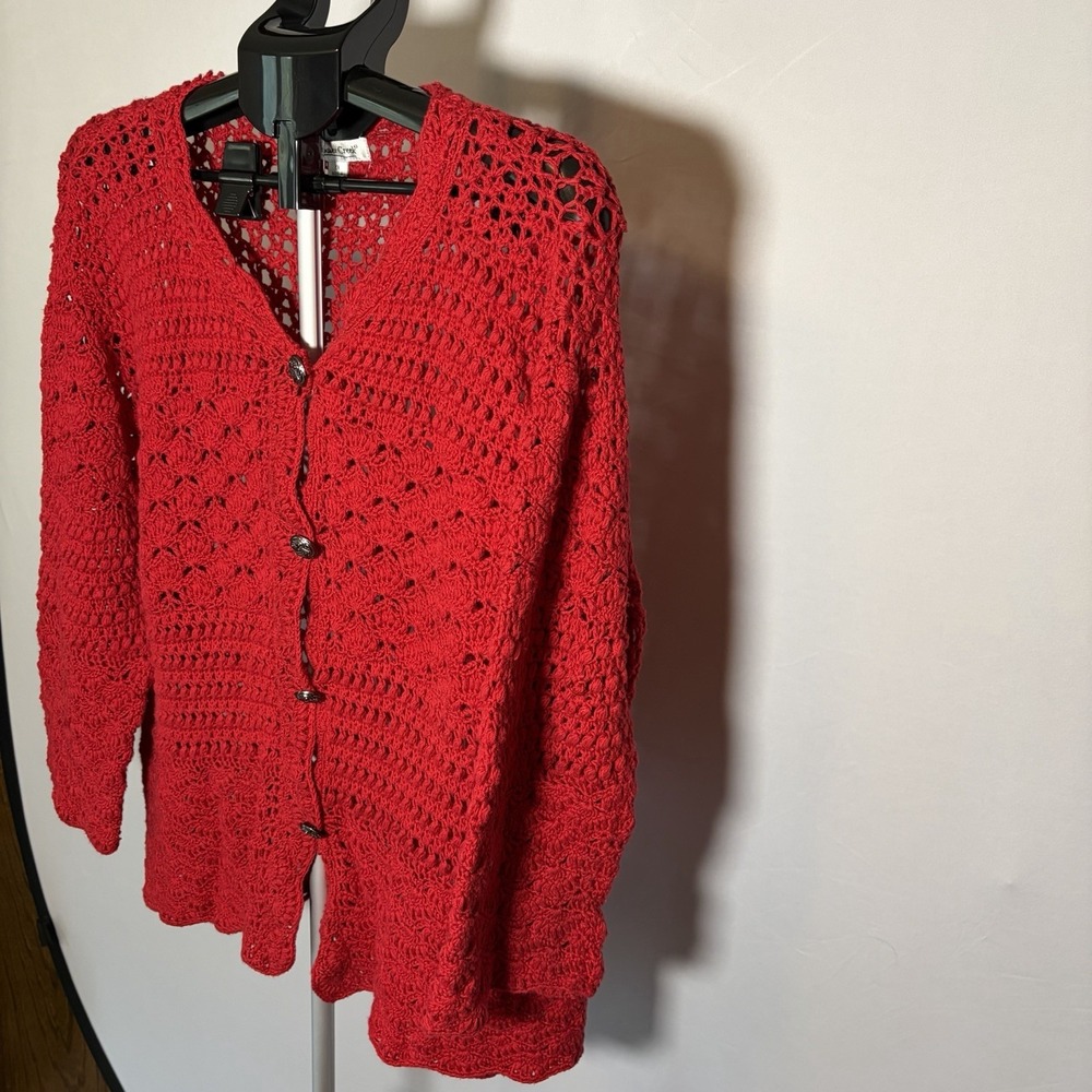 VTG 1X Red Crochet Open Knit 3/4 Sleeve Cottage Cardigan Button Grandma 90s Y2K - Picture 4 of 15